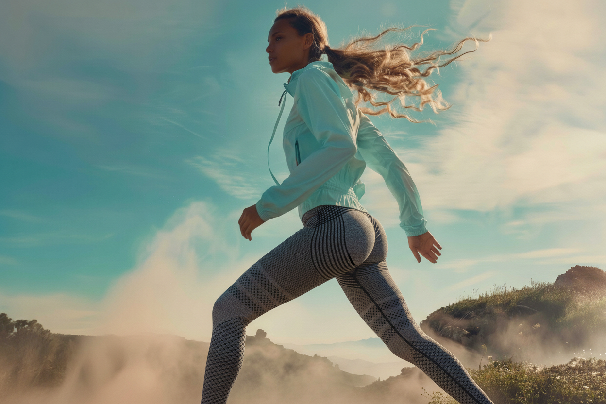 Femme qui court avec legging gris à motifs géométriques